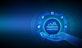 Predictive analytics icon in wireframe hand. Big Data analysis. Business intelligence technology concept on virtual screen. Machine learning. AI. vector