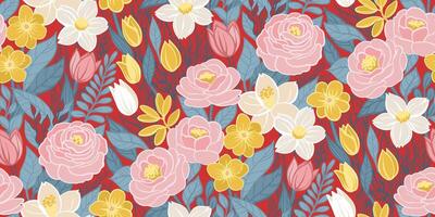 Seamless Half Drop Pattern of Flower Field Bright Pink, White, Yellow, Grey Colors on Red. Great for Textile, Surface, Wallpaper, Wrapping, Fabric, Decor Ornament, Craft Paper. vector