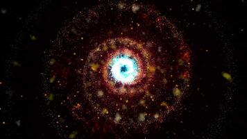 A series of fireworks erupt against the backdrop of a galaxy-like spiral. video