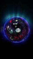 Inside the neon blue sphere is a multi-colored spiral galaxy that changes shape and position in space. video
