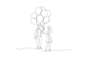 Man giving balloons to woman continuous one-line art drawing. Happy Valentine's Day concept background. vector