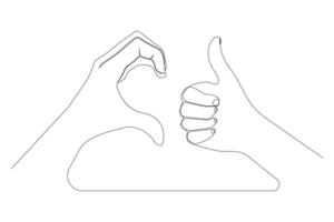 Half heart and thumbs up hand gesture continuous line drawing. vector