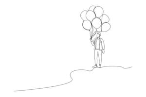 Young man with balloons line art drawing. Happy Valentine's Day concept background vector