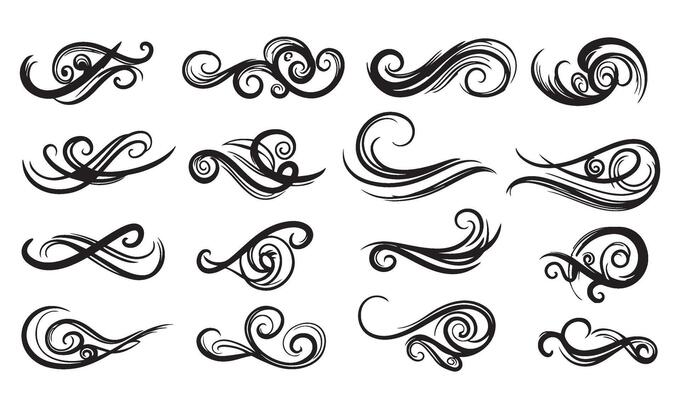 Swirl Calligraphy Ornament Set Featuring Floral Motifs