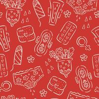Seamless hand-drawn pattern on red background featuring menstrual care items. vector