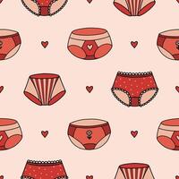 A seamless doodle-style pattern featuring various shapes of women's panties, surrounded by delicate heart motifs. vector
