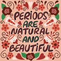 Empowering poster design featuring hand-lettered text 'Periods are natural and beautiful,' surrounded by vibrant flowers, pads, and menstrual cups. vector