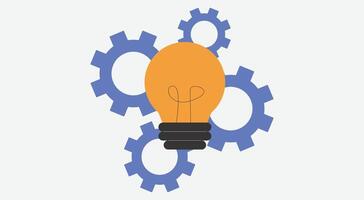 Abstract illustration of a glowing light bulb surrounded by blue gears, symbolizing innovation, problem-solving, and teamwork. Perfect for business or creative themes. vector