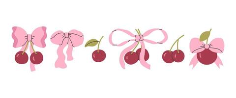 Set of modern cherries and hand-drawn bows vector