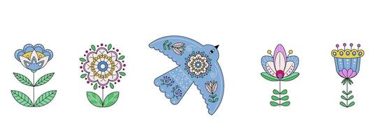 A set of plants in the Scandinavian style, abstract flowers. Bird with floral ornament in folk, pagan style vector