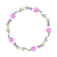 Round frame with bomb, comet and lightning. Multicolored elements on white background. Retro illustration with outline in 90s style. Isolated illustration. vector