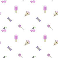 Seamless pattern with vintage pizza and ice cream in style of 90s. Multicolored elements on white background. Retro illustration with outline in 90s style. illustration. vector