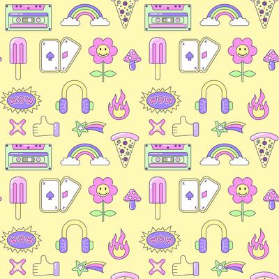 Seamless pattern with vintage Multicolored elements on yellow background. Retro illustration with outline in 90s style. illustration.