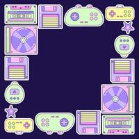 Square Frame Game and Music. Multicolored elements on dark background. Retro illustration with outline in 90s style. Isolated illustration. vector