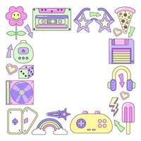 Square frame made of 90s style elements. Multicolored elements on white background. Retro illustration with outline in 90s style. Isolated illustration. vector