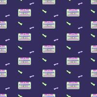 Seamless pattern with audio cassette. Multicolored elements on dark background. Retro illustration with outline in 90s style. illustration. vector
