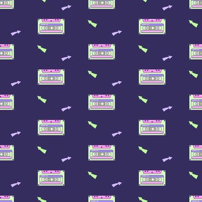 Seamless pattern with audio cassette. Multicolored elements on dark background. Retro illustration with outline in 90s style. illustration.