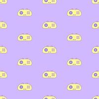 Seamless pattern with audio cassette and gamepad. Multicolored elements on purple background. Retro illustration with outline in 90s style. illustration. vector