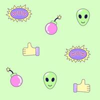 Seamless pattern with vintage bomb and alien in style of 90s. Multicolored elements on green background. Retro illustration with outline in 90s style. illustration. vector