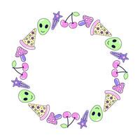 Round frame 90s forever. Multicolored elements on white background. Retro illustration with outline in 90s style. Isolated illustration. vector
