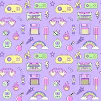 Seamless pattern with vintage Multicolored elements on purple background. Retro illustration with outline in 90s style. illustration. vector