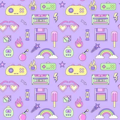 Seamless pattern with vintage Multicolored elements on purple background. Retro illustration with outline in 90s style. illustration.