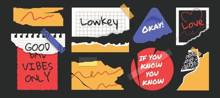 Tape paper torn wrinkles notebook, stickers, tags, labels template. Y2k gen z and millenials slang quotes. vector