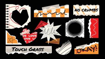 Tape paper torn wrinkles notebook, stickers, tags, labels template with text related to gen z and millenials collection. vector