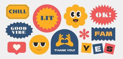 Trendy Stickers with Y2K Cool Style. Groovy Vintage Tags and Labels vector
