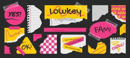 Tape paper sticky notes torn with text related to gen z and millenials collection. vector
