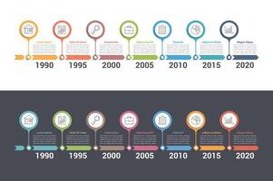 Timeline infographics template with colorful arrows, light and dark backgrounds vector