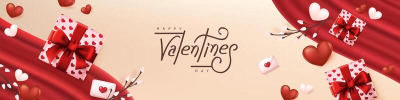 Valentines day banner card background layout template with gift box and heart shape vector