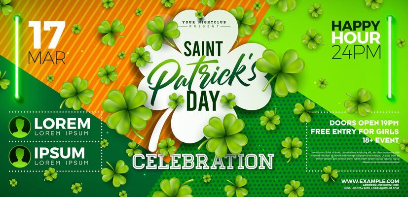 Saint Patrick's Day Party Banner Illustration with Falling Clover Leaves on Abstract Colorful Background. Irish Traditional St. Patricks Day Lucky Celebration Design for Flyer, Greeting Card