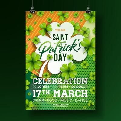 Saint Patrick's Day Party Flyer Illustration with Falling Clover Leaves on Abstract Colorful Background. Irish Traditional St. Patricks Day Lucky Celebration Design for Flyer, Greeting Card