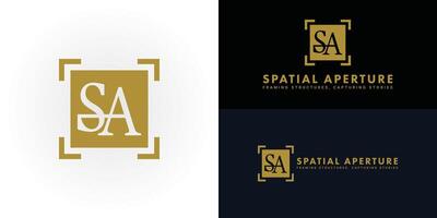 The minimalist and modern logo design features the gold initials S and A elegantly intertwined within a square frame. The logo is ideal for architectural photography logo design inspiration template vector