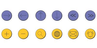 Set of minimalist purple and yellow circular icons with directional and functional symbols. Window, social media app templates. 80s 90s old computer UI elements and vintage aesthetic icons. vector