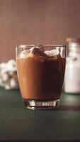 Hot cocoa with marshmallow and cinnamon. Stop motion animation vertical . Glass is filling with cocoa, chocolate or coffee and decorated with marshmallows and cinnamon. Cozy Christmas beverage video