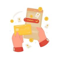 Flat design of online cashless payment transactions with tapping bank card on phone screen vector