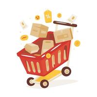 Flat design shopping pushcart with product packages vector