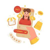 Contacting call center with mobile phone flat illustration vector