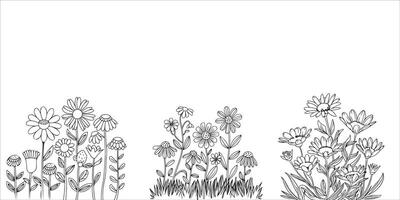 Set of Wild Flower Outline Drawing Coloring Page for Kids and Adults vector