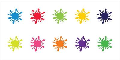 Set Paint splatter colorful set. Round splash flat collection, decorative shapes liquids. Different splashes and drops, cartoon spatters. Stain colored ink collection. Isolated illustration vector