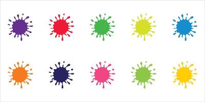 Paint splatter colorful set. Round splash flat collection, decorative shapes liquids. Different splashes and drops, cartoon spatters. Stain colored ink collection. Isolated illustration vector