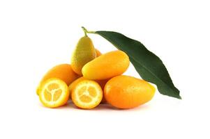 Fresh kumquats with leaf on white background photo