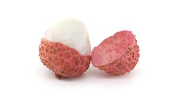 Fresh Lychee Fruit Halves on White Background photo