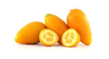 Fresh Kumquats Displayed Whole and Sliced on White Background photo