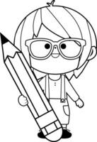 Little boy student holding a big pencil. Student using a colored pencil to draw or write. Child doing his homework. Black and white coloring page. vector