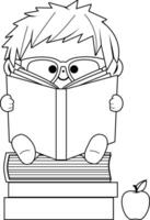 Little boy reading books. Student child at school reading and doing his homework. Story book for preschooler. Black and white coloring page. vector