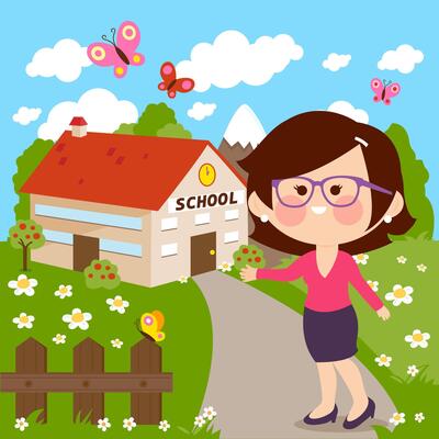 Teacher in front of the school building welcoming students. Welcome back to school. Female teacher at the schoolyard in front of the school building.
