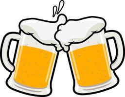 Two beer mugs toasting, cheers. Beer festival fun at the bar or pub. Clinking glasses full of beer and splashed foam. vector